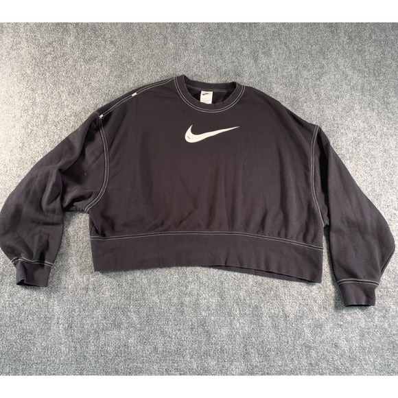 Nike Sportswear Swoosh Cropped Crew Black Fleece Sweatshirt Women’s Small - Picture 1 of 8